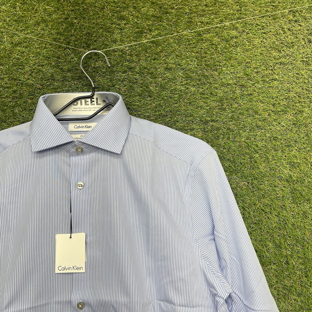 Calvin Klein Steel+ Dress Shirt Mens 15.5 32/33 Slim Fit Performance Blue NWT